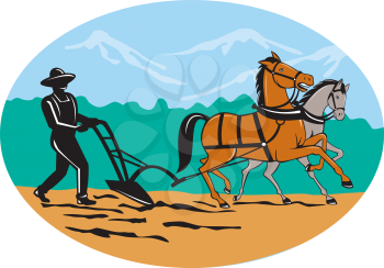 Illustration of farmer and horse plowing farmer field viewed from side with trees and mountains set inside oval shape done in cartoon style on isolated background.