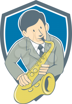 Illustration of a musician playing saxophone viewed from front set inside shield crest on isolated background done in cartoon style.