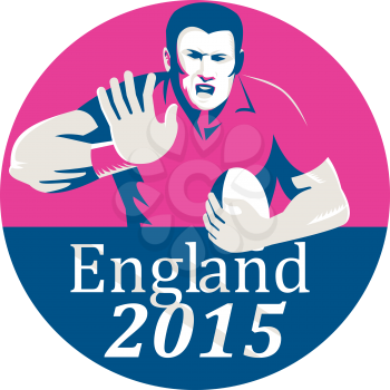 Illustration of rugby union player with ball fending set inside circle with words England 2015 done in retro style.
