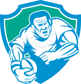 Illustration of a rugby player with ball running attacking set inside shield crest on isolated background done in retro woodcut linocut style.