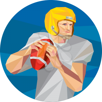 Low polygon style illustration of an american football gridiron quarterback player holding ball facing side set inside circle on isolated background. 