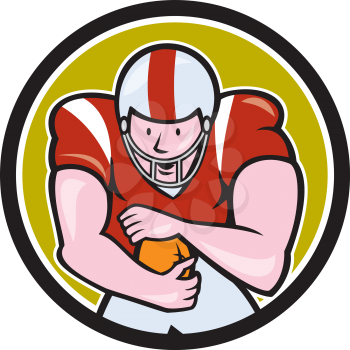 Illustration of an american football gridiron player running back with ball facing front fending set inside circle on isolated background done in cartoon style. 