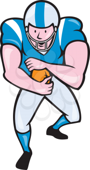 Illustration of an american football gridiron player running back with ball facing front fending set on isolated white background done in cartoon style. 