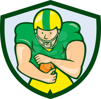 Illustration of an american football gridiron player running back with ball facing front fending set inside shield crest on isolated background done in cartoon style. 