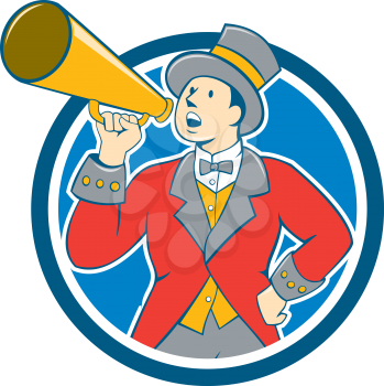 Illustration of circus ringleader ringmaster ring leader announcer wearing tall top hat  and bow tie suit speaking thru a bullhorn set inside circle on isolated background.