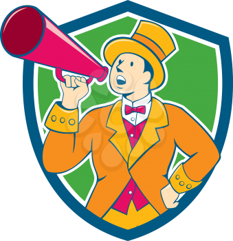 Illustration of circus ringleader ringmaster ring leader announcer wearing tall top hat  and bow tie suit speaking thru a bullhorn set inside crest shield shape on isolated background.