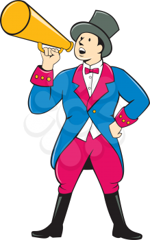 Illustration of circus ringleader ringmaster ring leader announcer wearing tall top hat  and bow tie suit speaking thru a bullhorn standing facing front on isolated background.