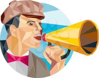 Low polygon style illustration of a movie director filmmaker shouting using bullhorn facing side set inside circle.