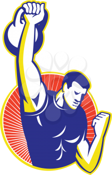 Illustration of a strongman lifting kettle bell weight facing dront set inside circle done in retro style.