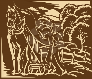 Vector woodcut style illustration of a farmer and horse farming plowing farm field with trees and mountains in the background.