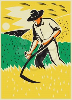 Illustration of a farmer with scythe working the farm field harvesting reaping crop harvest done in retro style.