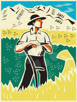 illustration of a farmer with scythe standing in wheat field facing front with mountains in background done in retro woodcut style.