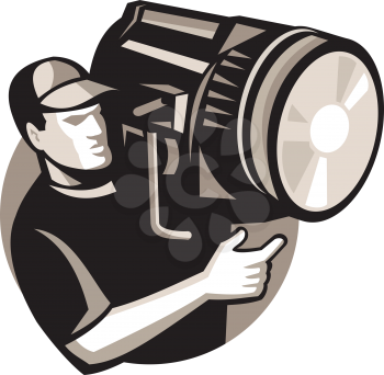 vector illustration of film crew worker operating pointing a spotlight fresnel light theater lantern done in retro style.