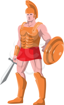 vector illustration of a gladiator roman centurion warrior standing facing front with sword and shield done in retro style.