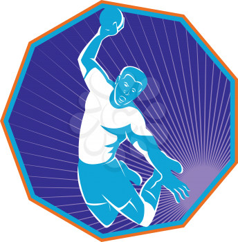 vector illustration of a handball player jumping throwing ball taking the shot set inside hexagon done in retro style.