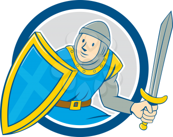 Illustration of medieval knight in full armor with sword and shield set inside circle  on isolated background done in cartoon style.