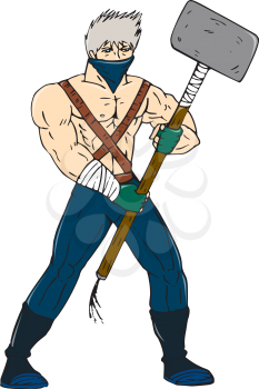 Cartoon style illustration of a masked ninja warrior superhero holding a giant sledgehammer viewed from front on isolated background.