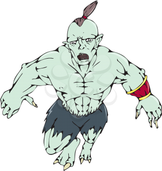 Cartoon style illustration of an orc warrior jumping forward viewed from front on isolated background.