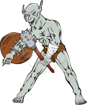 Cartoon style illustration of an orc warrior wielding a club and shield viewed from front on isolated background.