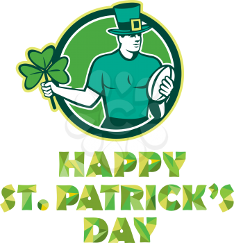 Illustration of an Irish rugby player wearing top hat running with the ball holding shamrock clover leaf set inside circle with text Happy St. Patrick's Day done in retro style.