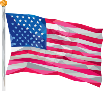 Low polygon illustration of usa american flag stars and stripes set on isolated white background.