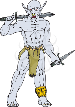 Cartoon style illustration of an orc warrior with nose ring holding a sword and dagger viewed from front on isolated background.