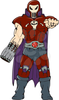 Cartoon style illustration of a skull masked warrior superhero wearing a cape pointing to viewer viewed from front on isolated background.