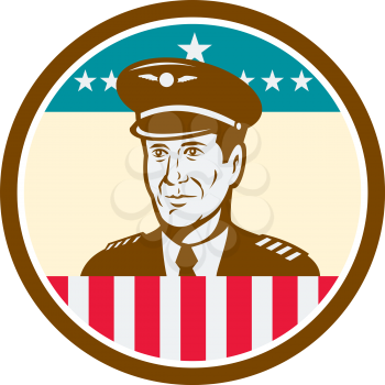 Illustration of an American airline aircraft pilot or aeronautical aviator looking to front set inside circle with USA stars and stripes flag done in retro style.