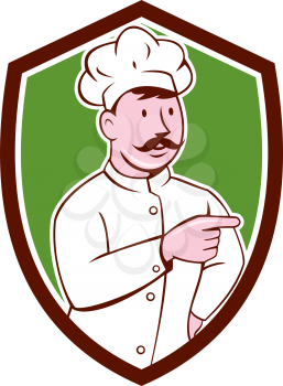 Illustration of a chef cook baker with mustache pointing looking to the side set inside shield crest on isolated background done in cartoon style. 