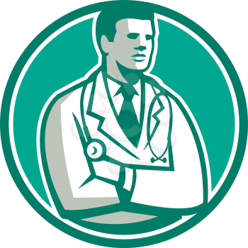Illustration of a male medical doctor with stethoscope over shoulder standing looking to the side set inside circle on isolated background done in retro style.