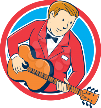 Illustration of a musician guitarist playing guitar set inside circle on isolated background done in cartoon style. 