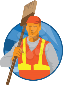 vector illustration of a janitor cleaner sweeper with broom facing front set inside circle done in art deco retro style.