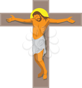 vector illustration of jesus christ hanging on cross crucified done in art deco retro style on isolated white background.