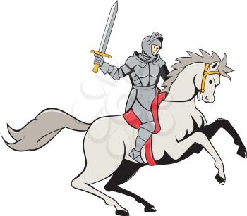 Illustration of knight in full armor riding horse steed with sword facing side set on isolated white background done in cartoon style.