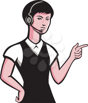 vector illustration of a dark-haired brunette caucasian young petite female with headset pointing finger set on isolated white background.