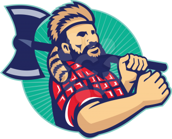 Illustration of lumberjack arborist forester loggerr holding an axe set inside circle.