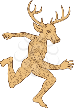Illustration of a half man half deer animal with tattoos running viewed from side done in cartoon style on isolated white background.