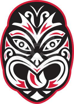 vector illustration of a maori tiki moko tattoo mask facing front on isolated white background.