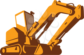 vector illustration of a bulldozer viewed from front side from a low angle on isolated white background done in retro style.