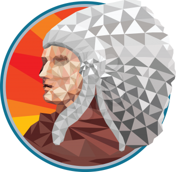 Low polygon style illustration of a native american indian chief first peoples viewed from side set inside circle.