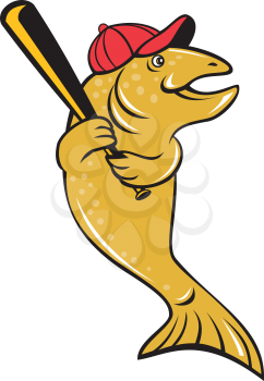 Illustration of a trout fish baseball player with hat holding baseball bat batting looking to the side set on isolated white background done in cartoon style. 
