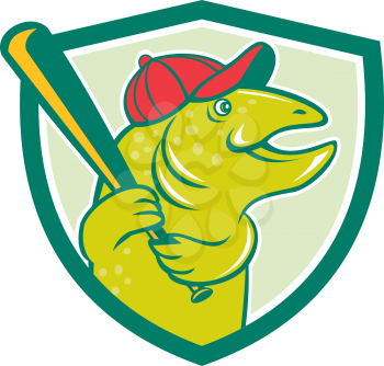 Illustration of a trout fish baseball player with hat holding baseball bat batting looking to the side set inside shield crest on isolated background done in cartoon style. 