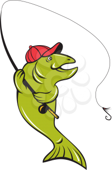 Illustration of a trout rainbow fish holding fishing rod reel and hook fly fishing viewed from the side set on isolated white background done in cartoon style. 