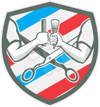 Illustration of barber hands one holding comb and the ohter hand holding brush with scissors and barber pole strips stripes in the background set inside shield crest done in retro style. 