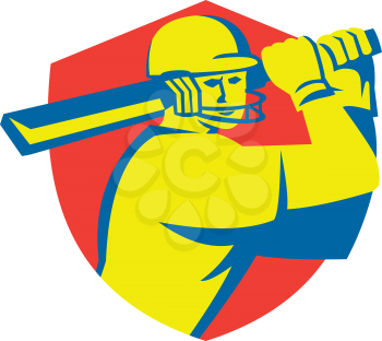 Illustration of a cricket player batsman with bat batting set inside shield crest done in retro style on isolated background.