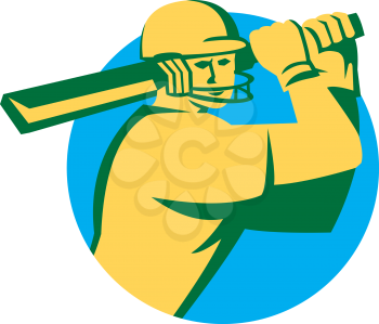 Illustration of a cricket player batsman with bat batting set inside circle done in retro style on isolated background.
