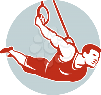 Illustration of a crossfit athlete muscle-up hanging on gymnastics rings facing side set inside circle done in retro style on isolated background.