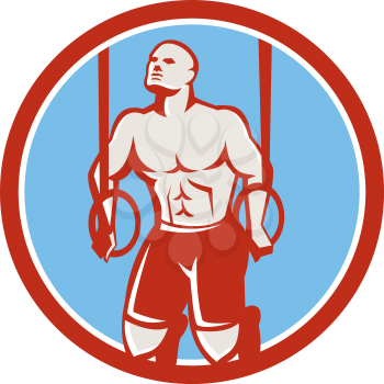 Illustration of a crossfit athlete body weight exercise hanging on gymnastic ring dip kipping muscle up facing front inside circle done in retro style on isolated white background