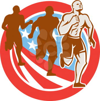 Illustration of an American crossfit marathon runners running facing front set inside circle with stars and stripes flag done in retro style on isolated white background