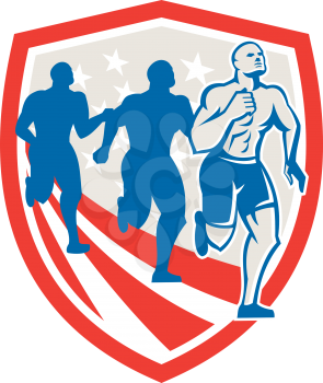 Illustration of an American crossfit marathon runners running facing front set inside shield with stars and stripes flag done in retro style on isolated white background